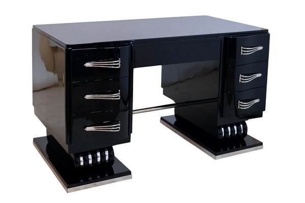 French Art Deco Desk in Black Lacquer with Nickeled Metal Applications, 1930s-CXC-1752473