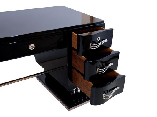 French Art Deco Desk in Black Lacquer with Nickeled Metal Applications, 1930s-CXC-1752473