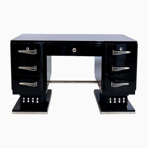 French Art Deco Desk in Black Lacquer with Nickeled Metal Applications, 1930s-CXC-1752473