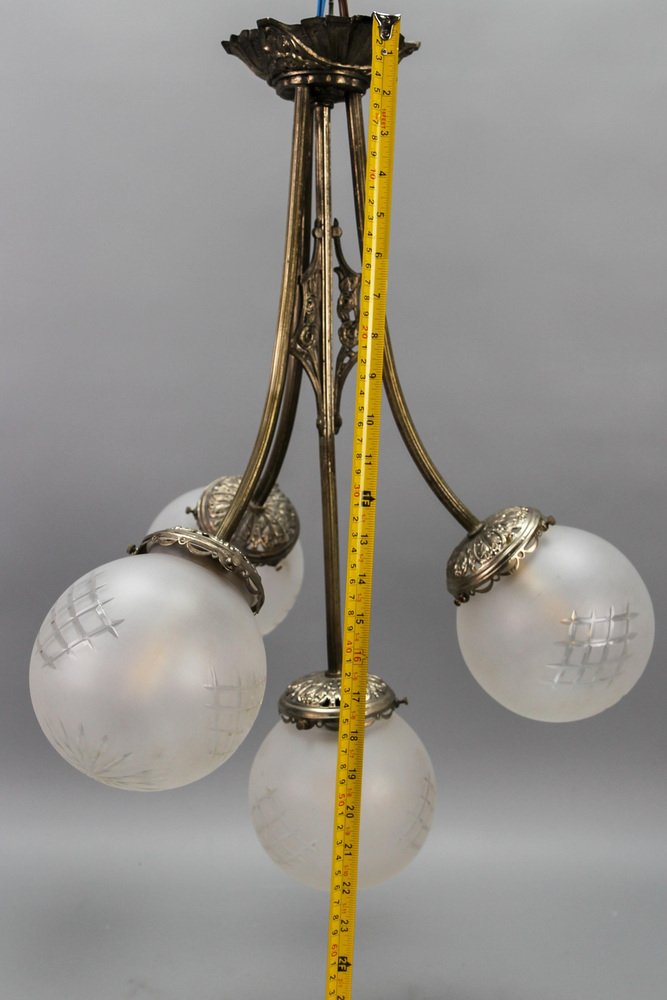 French Art Deco Four-Light Brass and Frosted Cut Glass Globe Chandelier, 1930s