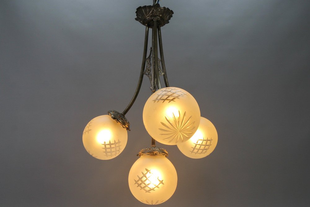 French Art Deco Four-Light Brass and Frosted Cut Glass Globe Chandelier, 1930s