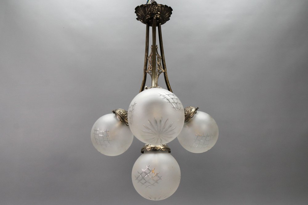 French Art Deco Four-Light Brass and Frosted Cut Glass Globe Chandelier, 1930s