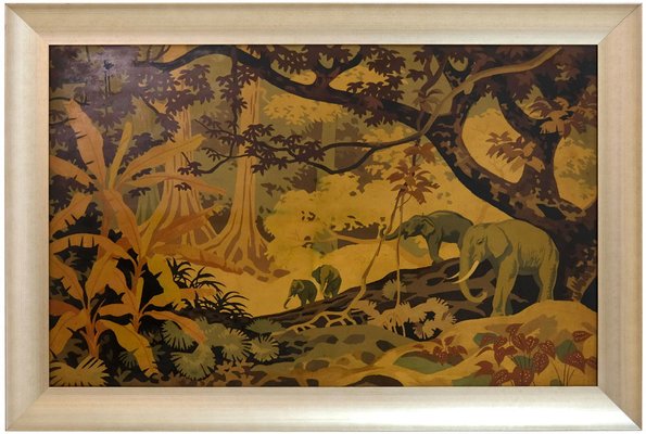 French Art Deco Framed Panel Depicting Elephants in a Jungle Pattern, 1920s-CXC-1453924