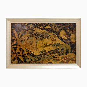 French Art Deco Framed Panel Depicting Elephants in a Jungle Pattern, 1920s-CXC-1453924