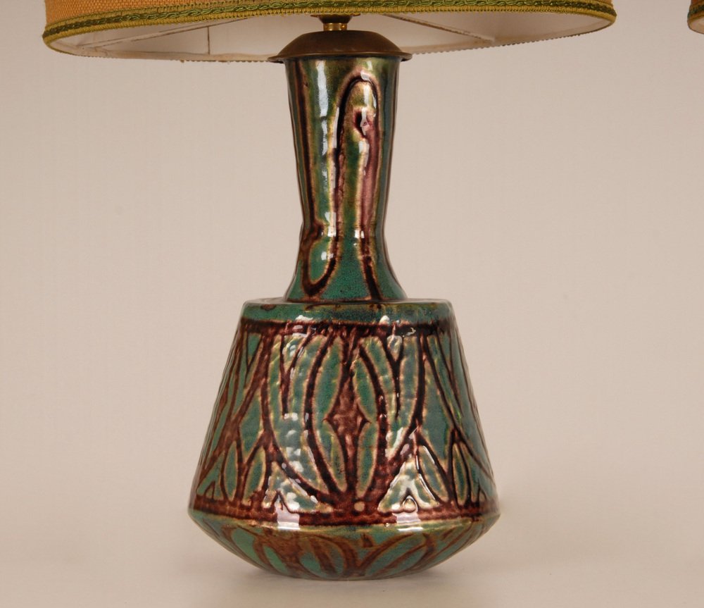 French Art Deco Geometric Table Lamps in Enamel on Copper by Camille Faure, 18th Century, Set of 2