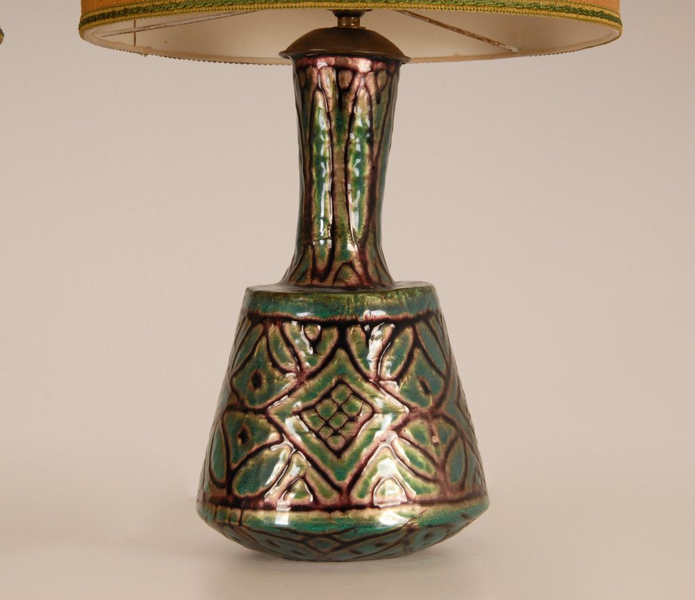 French Art Deco Geometric Table Lamps in Enamel on Copper by Camille Faure, 18th Century, Set of 2