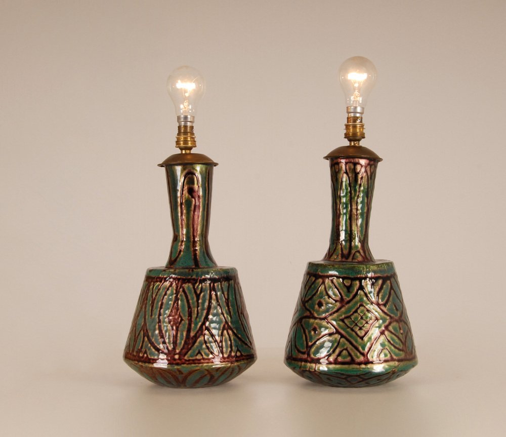 French Art Deco Geometric Table Lamps in Enamel on Copper by Camille Faure, 18th Century, Set of 2