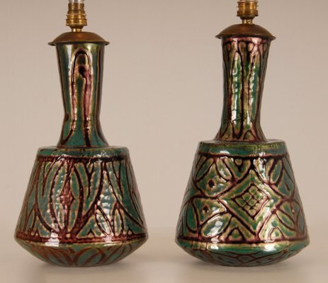 French Art Deco Geometric Table Lamps in Enamel on Copper by Camille Faure, 18th Century, Set of 2-GOE-1033418