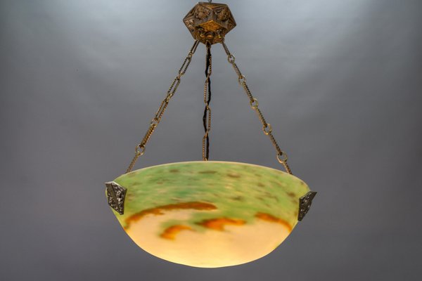 French Art Deco Green Glass Pendant Light by Muller Frères Luneville, 1920s-KEG-1752066