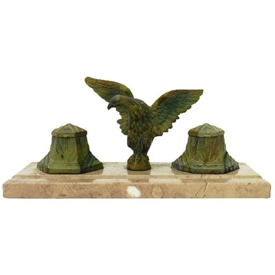 French Art Deco Inkstand Eagle on Marble Desk Inkwell, 1920s-ARU-626034