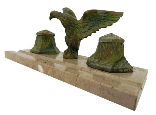 French Art Deco Inkstand Eagle on Marble Desk Inkwell, 1920s-ARU-626034