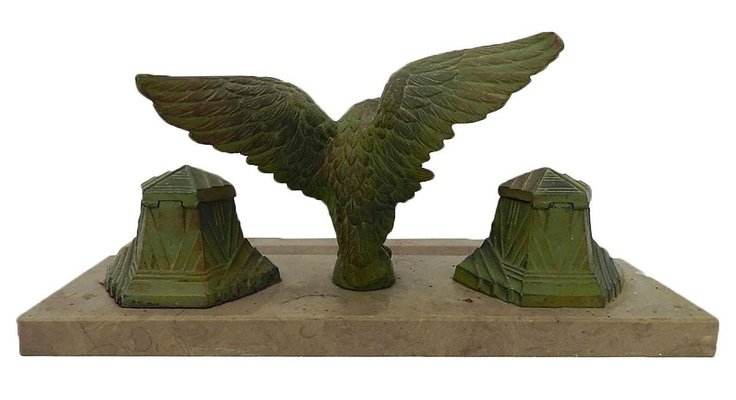 French Art Deco Inkstand Eagle on Marble Desk Inkwell, 1920s-ARU-626034