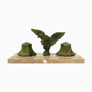 French Art Deco Inkstand Eagle on Marble Desk Inkwell, 1920s-ARU-626034