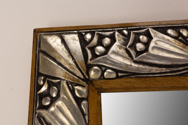 French Art Deco Mirror in Frame with Flowers Metal and Pine, 1930-RIU-1285350