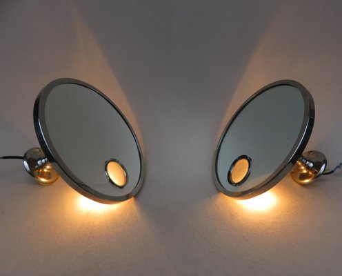 French Art Deco Nickel Le Mirophar Wall Mirrors with Magnifying Element & Light from Brot, Set of 2-EY-900187