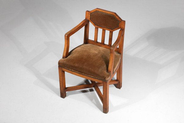 French Art Deco Oak Armchair in Brown Velvet-YU-1312240