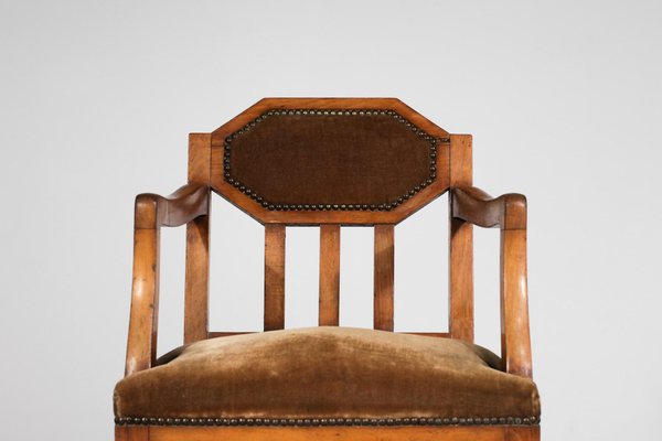 French Art Deco Oak Armchair in Brown Velvet-YU-1312240