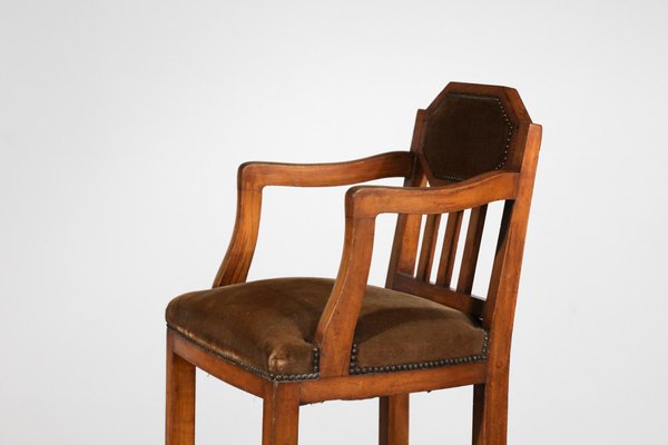 French Art Deco Oak Armchair in Brown Velvet-YU-1312240