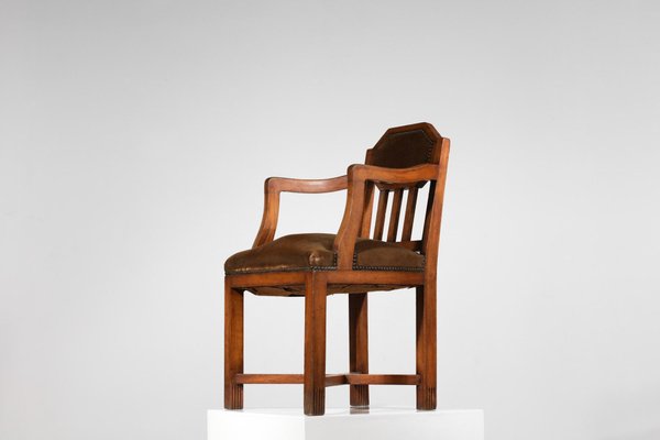 French Art Deco Oak Armchair in Brown Velvet-YU-1312240