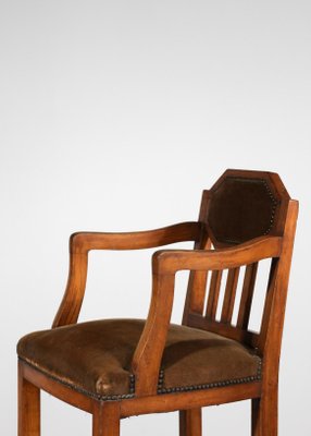 French Art Deco Oak Armchair in Brown Velvet-YU-1312240