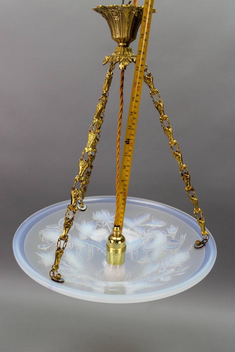 French Art Deco Opalescent Glass Pendant Light with Roses by Pierre Maynadier, 1920s