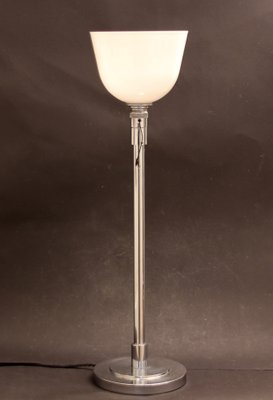 French Art Deco Opaline Glass Table Lamp in Chromed Metal from Mazda, 1930s-SY-1800220