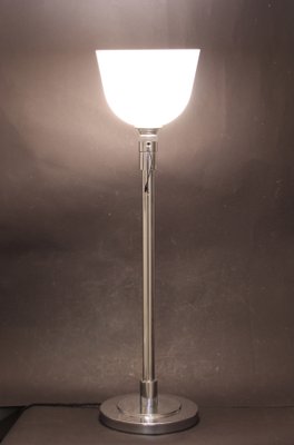 French Art Deco Opaline Glass Table Lamp in Chromed Metal from Mazda, 1930s-SY-1800220