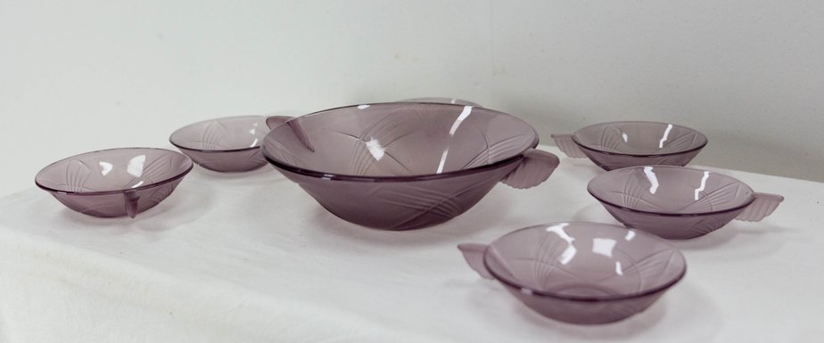 French Art Deco Purple Glass Fruit Service, 1930, Set of 7-RIU-1183464