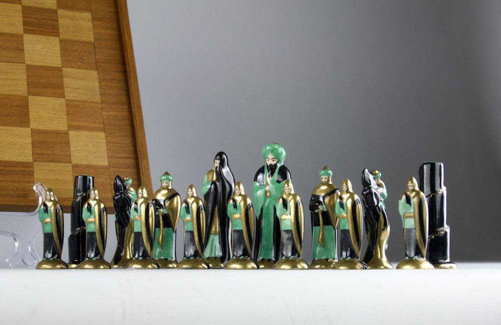 French Art Deco Robj, Templars and Saracen Chess Set, 1920s, Set of 33