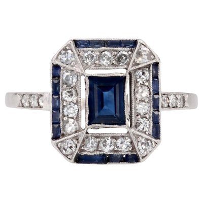 French Art Deco Sapphire Diamonds Platinum Rectangular Ring, 1920s-OLU-1743315