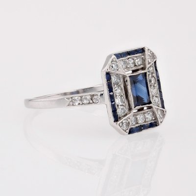 French Art Deco Sapphire Diamonds Platinum Rectangular Ring, 1920s-OLU-1743315