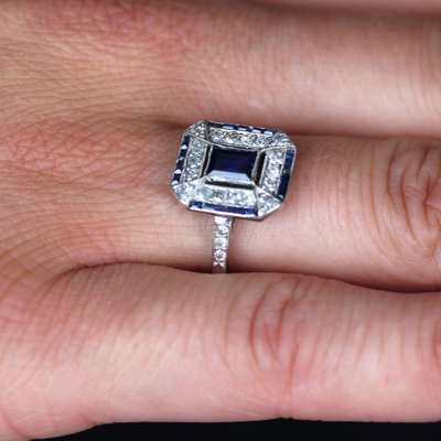 French Art Deco Sapphire Diamonds Platinum Rectangular Ring, 1920s-OLU-1743315