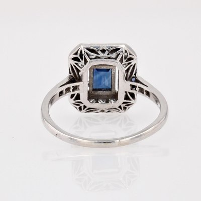 French Art Deco Sapphire Diamonds Platinum Rectangular Ring, 1920s-OLU-1743315