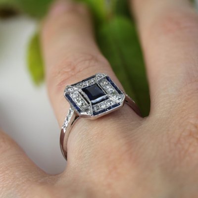 French Art Deco Sapphire Diamonds Platinum Rectangular Ring, 1920s-OLU-1743315