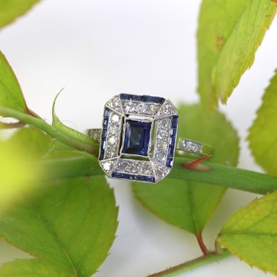 French Art Deco Sapphire Diamonds Platinum Rectangular Ring, 1920s-OLU-1743315