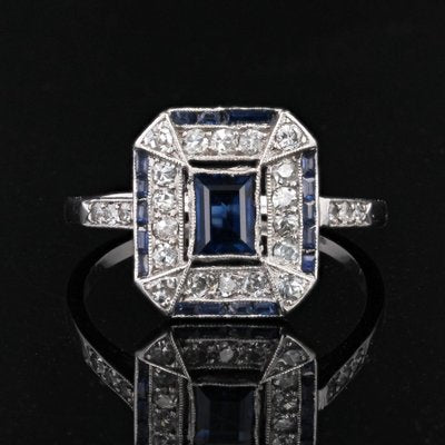 French Art Deco Sapphire Diamonds Platinum Rectangular Ring, 1920s-OLU-1743315