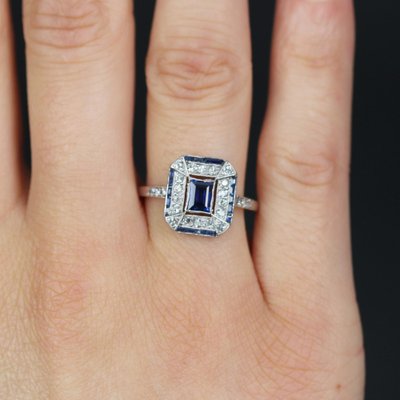 French Art Deco Sapphire Diamonds Platinum Rectangular Ring, 1920s-OLU-1743315