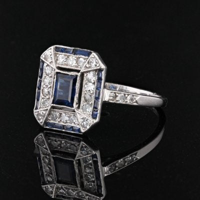 French Art Deco Sapphire Diamonds Platinum Rectangular Ring, 1920s-OLU-1743315