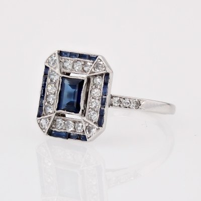 French Art Deco Sapphire Diamonds Platinum Rectangular Ring, 1920s-OLU-1743315