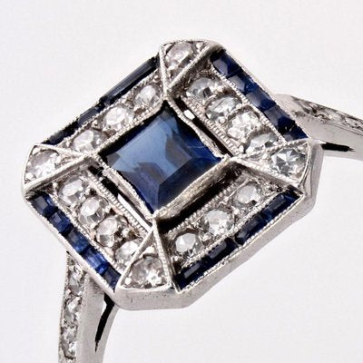 French Art Deco Sapphire Diamonds Platinum Rectangular Ring, 1920s-OLU-1743315