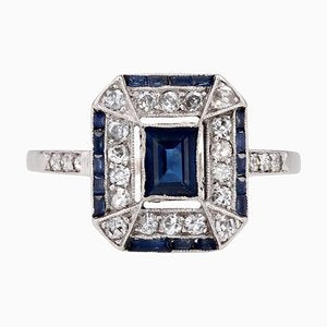 French Art Deco Sapphire Diamonds Platinum Rectangular Ring, 1920s-OLU-1743315