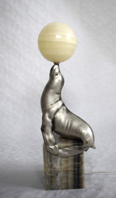 French Art Deco Sea Lion Table Lamp with Alabaster Ball, 1920s-VA-1703924