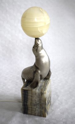 French Art Deco Sea Lion Table Lamp with Alabaster Ball, 1920s-VA-1703924