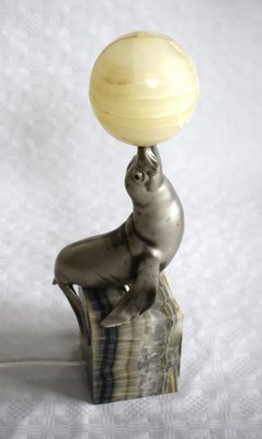 French Art Deco Sea Lion Table Lamp with Alabaster Ball, 1920s-VA-1703924