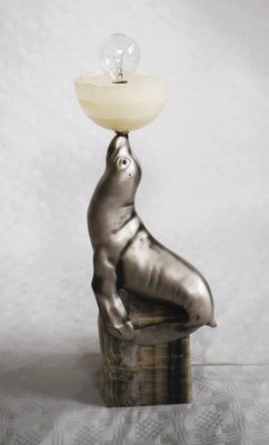 French Art Deco Sea Lion Table Lamp with Alabaster Ball, 1920s-VA-1703924