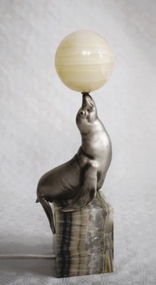 French Art Deco Sea Lion Table Lamp with Alabaster Ball, 1920s-VA-1703924