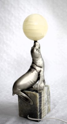 French Art Deco Sea Lion Table Lamp with Alabaster Ball, 1920s-VA-1703924