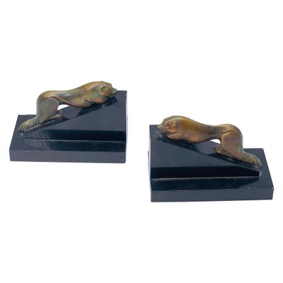 French Art Deco Sea Lions Bookends in Bronze and Marble, 1940-UR-1326509