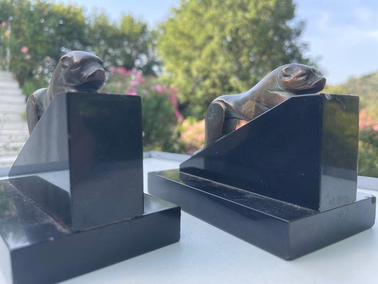 French Art Deco Sea Lions Bookends in Bronze and Marble, 1940-UR-1326509