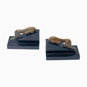 French Art Deco Sea Lions Bookends in Bronze and Marble, 1940-UR-1326509